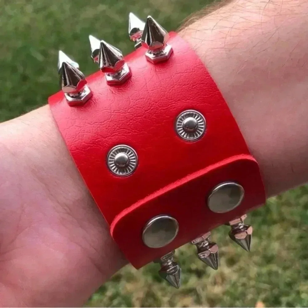 Red Leather Punk Goth Rock Triple Spike Metal Stud Snap Cuff Bracelet NWT